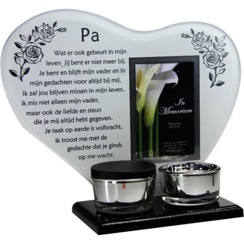 Waxinehouder in memoriam overleden glas hart met mini urn gedicht Pa...