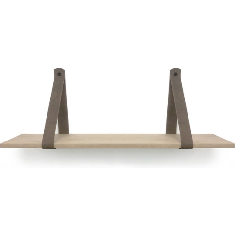 Eiken wandplank 18 mm recht 120 x 20 cm met leren riemen bruin - Eikenhouten wandplank - Eiken wandplank - Leren plankdragers - Fotoplank