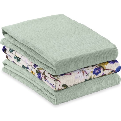 Hauck 4-in-1 mousseline doek voor baby's Cuddle N Clean, set van 3, Sage / Beige / Floral