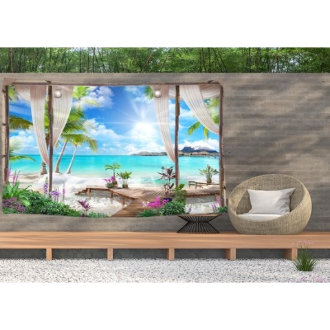 Ulticool - Doorkijk Strand Zee Natuur - Wandkleed  Poster - 200x150 cm - Groot wandtapijt -  Tuinposter Tapestry - Schilderij Decoratie Tuin Versiering Accessoire voor zowel buiten als Muurdecoratie in woonkamer