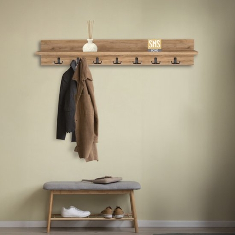 Kapstok - Wandkapstok - Wandplank - Muur Hanger - Modern Stijl Kapstok - Natuurlijk Hout - Houten Kleerhanger - Pijnboom - 7x2 Haken - 106 cm