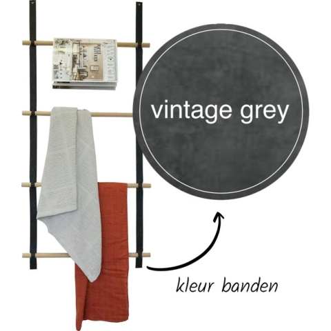 Wandladder 57cm  - Vintage Grey Leer / rondhout |  by Handles and more & Woetwurm