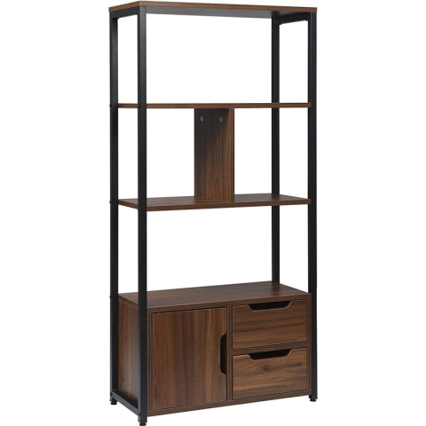 Furnibella - Opbergplank Boekenplank met kast en laden,Metalen Kantoorplank Keukenplank 58x24x120cm,Donkerbeuken