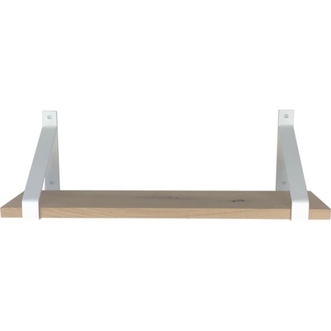 GoudmetHout - Massief eiken wandplank - 220 x 20 cm - Licht Eiken - Inclusief industriële plankdragers MAT WIT - lange boekenplank