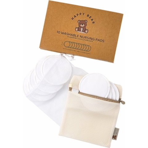 HappyBear | Wasbare zoogcompressen | 10 stuks | 10cm | Met afsluitbaar wasnetje en tasje | Comfortabele binnenlaag van bamboestof | Goed absorberende en compacte zoogcompressen