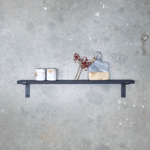 GoudmetHout Massief Eiken Wandplank - 160x10 cm - Zwart eiken - Industriële plankdragers L-vorm mat zwart - Staal - Zwarte wandplank