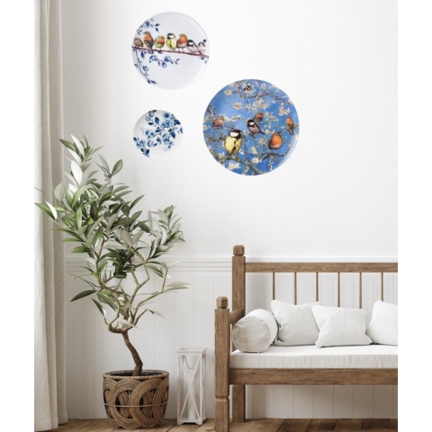 Wandborden - set van 3 - incl. ophangmateriaal - Van Gogh - bloesem - vogels - koolmees - Delfts blauw wandbord - wanddecoratie - muurdecoratie - roodborstje - cadeau voor moeder - typisch Nederlands