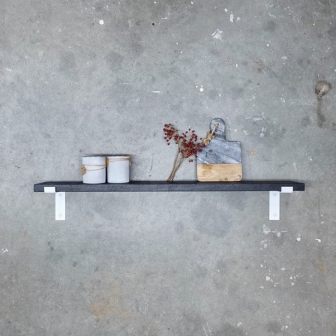 GoudmetHout Massief Eiken Wandplank - 120x15 cm - Zwart eiken - Industriële plankdragers L-vorm mat wit - Staal - Zwarte wandplank