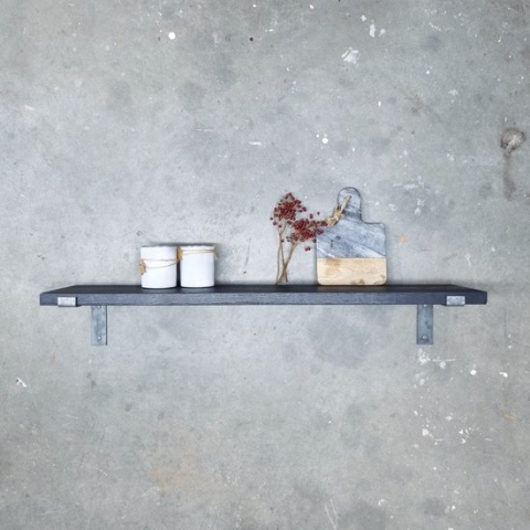 GoudmetHout Massief Eiken Wandplank - 160x25 cm - Zwart eiken - Industriële plankdragers L-vorm zonder coating - Staal - Zwarte wandplank