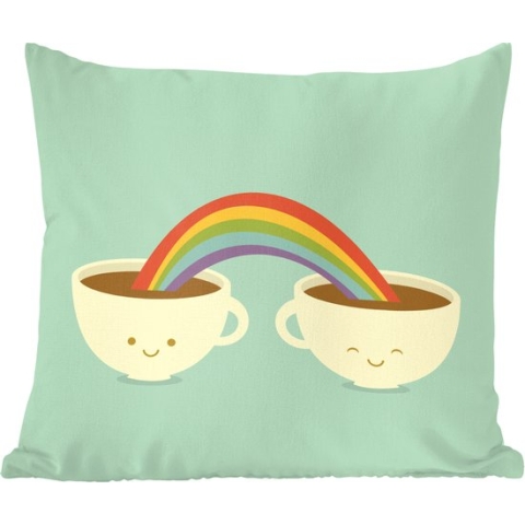 Sierkussens - Kussen - Een illustratie van een regenboog boven twee kopjes koffie - 60x60 cm - Kussen van katoen