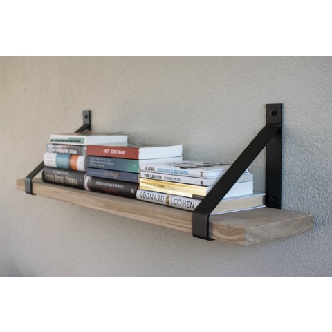 GoudmetHout - Massief eiken wandplank - 220 x 20 cm - Licht Eiken - Inclusief industriële plankdragers MAT ZWART - lange boekenplank
