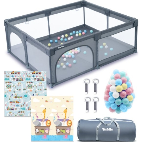 Teddle Grondbox – Inclusief Dubbelzijdige Speelmat – Speelbox met 50x Speelballen – Kruipbox voor Baby – Kinderbox – Playpen – Baby box – 180x150cm – Grijs
