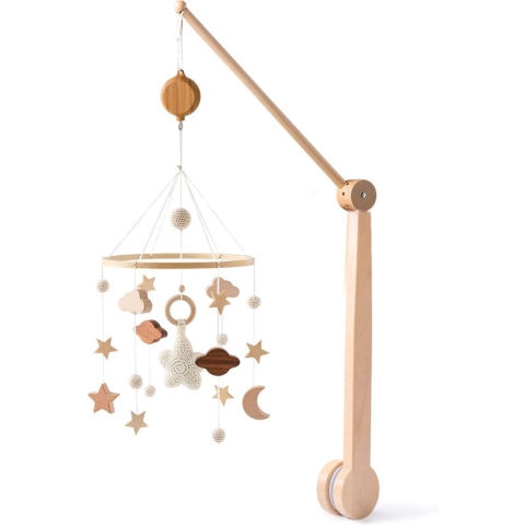 Boxmobiel Sterren + Luxe 360° Verstelbaar Houten Mobiel Houder + Muziekmobiel - Babymobiel – Babyshower Cadeau Baby Mobiel – Wieg Mobiel – Kraamcadeau