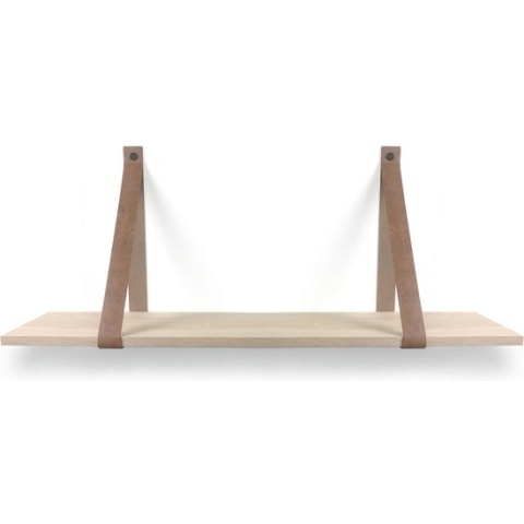 Eiken wandplank 18 mm recht 110 x 30 cm met leren riemen cognac - Eikenhouten wandplank - Eiken wandplank - Leren plankdragers - Fotoplank