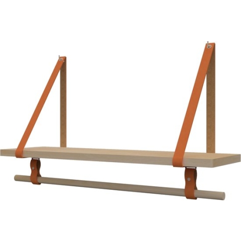 Plankje Roe 98cm - Handles and more® | ORANJE (Complete set: leren plankdragers + plank eikenhout + roede)