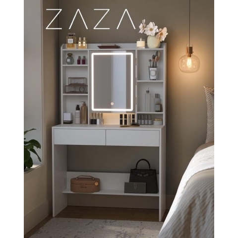 Make-Uptafel Met Ledverlichting, 3 Kleuren Met İnstelbare Helderheid, Kaptafel Met Spiegel Voor Make-Up, Make-Uptafel Met Verstelbare Planken, 2 Laden, Modern, Wit