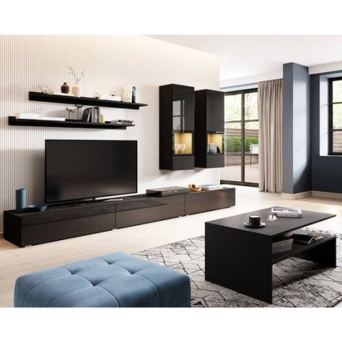 Nicesleep.nl - Wandmeubel Sarsar -Inclusief Salontafel - Zwart hoogglans met zwart mat, B/H/D: ca. 270/200/41 cm