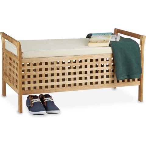 relaxdays bank met opslagruimte - notenhout - met kussen - 46,5 x 92,6 x 49 cm - zitbank