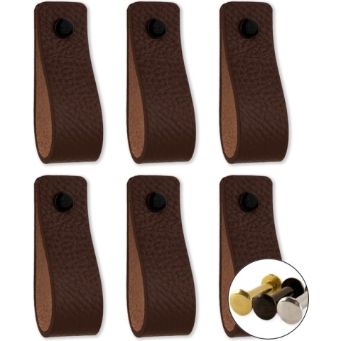 Leren handgrepen - Bruin - 6 stuks - 16,5 x 2,5 cm - incl. 3 kleuren schroeven - handgrepen kast leer - meubelgrepen - handvaten kast - leren lus