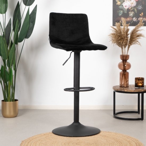 Bronx71® Barkruk zwart velvet Frenkie - Barstoel in hoogte verstelbaar 60 - 76cm - Barkrukken met rugleuning - Barstoelen met rugleuning - Zwarte barkruk velvet