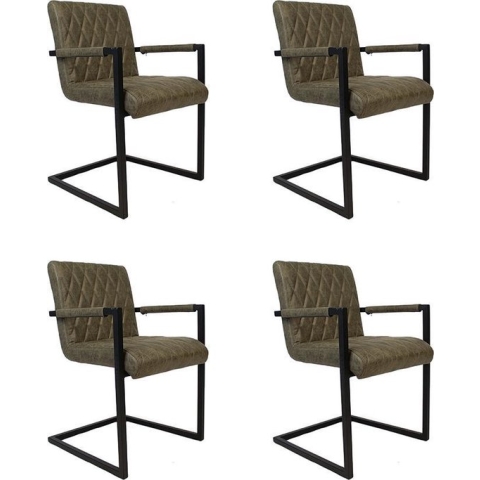 Bronx71® Industriële eetkamerstoel Diamond olijfgroen eco-leer - Eetkamerstoelen set van 4