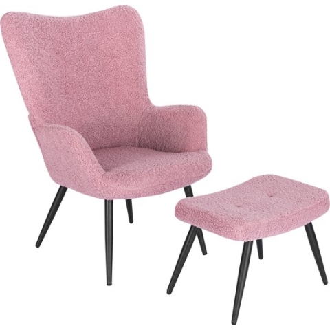 Happyment Moderne Fauteuil - Met hocker - Armleuning - Voetenbank Woonkamer stoel - Corduroy - Roze