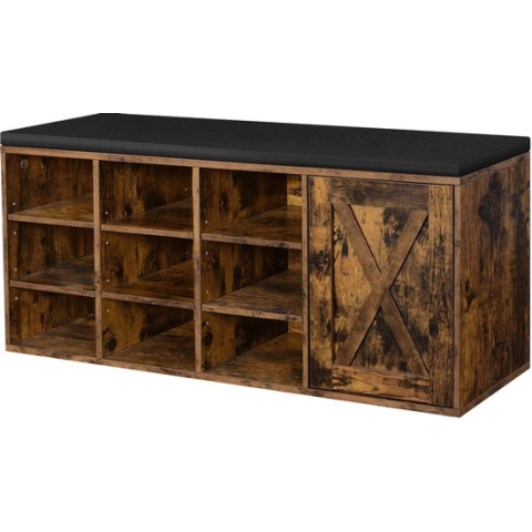 Schoenenbank, opbergkast, schoenenrek met 9 open vakken en een kast, met bekleding, 110 x 30 x 48 cm, rustieke deur, vintage gebruik LHS058X01