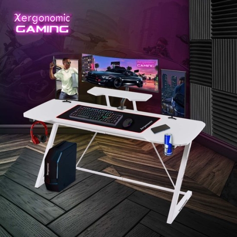 Xergonomic Morpheus Subzero Gaming bureau - Game Desk - Koptelefoonhouder, bekerhouder & monitorstandaard - Carbon Fiber Coated Toplaag - D58xB160xH74,5-92 cm - Wit