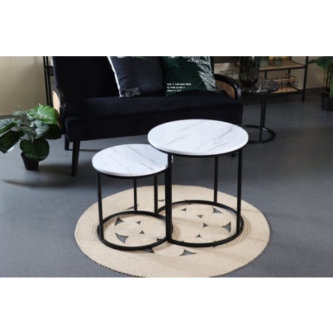 Industriële Salontafel set XL - Marmer Look Wit Set van 2 - Ø 50 x hoog 52 cm / Ø 40 x 42 cm Wit / Ronde Bijzettafel / Industrieel / Salontafels / Tafel Rond / Salon Woonkamer / Zwarte Accessoires / Vintage Eetkamer Industriele Koffietafel Huiskamer