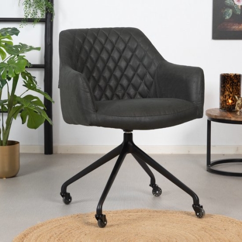 Bronx71® Eetkamerstoel leer Levi zwart - Eetkamerstoelen met armleuning - Eetkamerstoelen met wieltjes - Kuipstoel - Eetkamerstoel zwart - Eetkamerstoel met armleuning