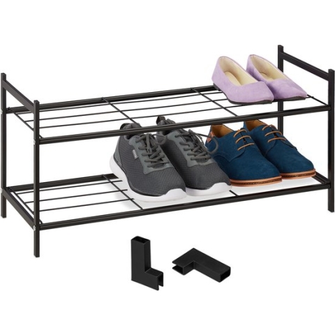 Relaxdays schoenenrek stapelbaar - 2 laags - open schoenenkast - organizer 6 paar schoenen - zwart