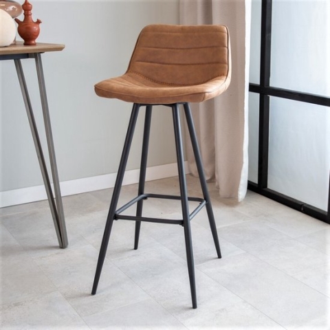 Dimehouse - Barkruk Kenton - Barkrukken met rugleuning - Cognac - Stof - Geschikt voor Bar(tafel) hoogte - Zithoogte 76 cm - Industrieel - Niet in hoogte verstelbaar - Barstoel Cognac