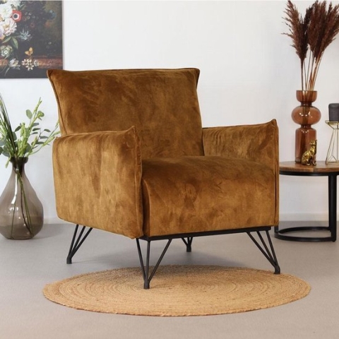 Bronx71® Fauteuil velvet Mika Cognac / Okergeel - Zetel 1 persoons - Fauteuils met armleuning - Relaxstoel - Fauteuil cognac - Velours - Fluweel stof