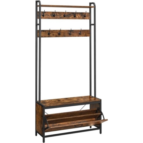 Kapstok met schoenenkast, kapstok met bankje, kledingrek, schoenenkieper, 9 haken, bovenste plank, voor hal, slaapkamer, industrieel ontwerp, vintage bruin en zwart