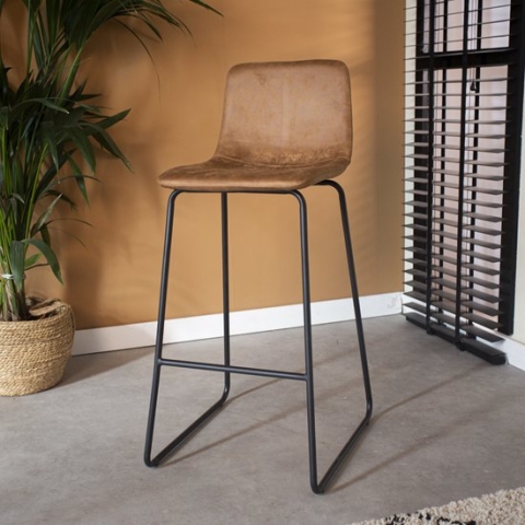 Dimehouse - Barkruk Brentt - Barkrukken met rugleuning - Cognac - Stof - Geschikt voor Bar(tafel) hoogte - Zithoogte 76 cm - Industrieel - Niet in hoogte verstelbaar - Barstoel Cognac