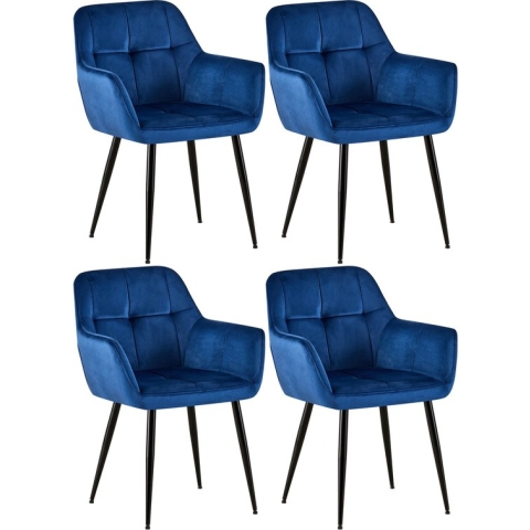 CLP Emia Set van 4 eetkamerstoelen - Met armleuning - Velvet - Fluweel - blauw Fluweel