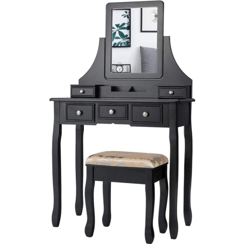 Monkey's Kaptafel – Make up Tafel Voor Vrouwen – Zwarte Kaptafel Met Spiegel - Kruk - Kaptafels - 80 x 40 x 139 cm