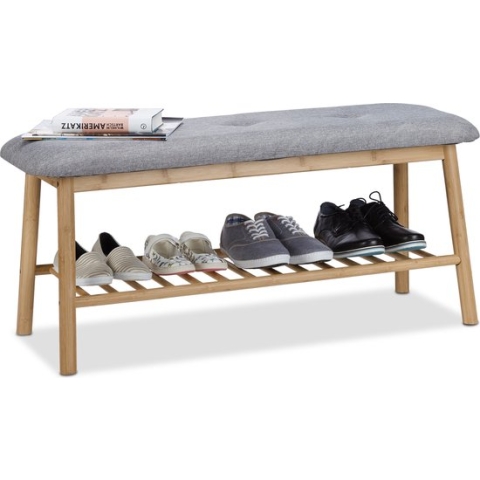 relaxdays schoenenrek met bank bamboe - 4 paar schoenen - schoenenkast - halbank - lang
