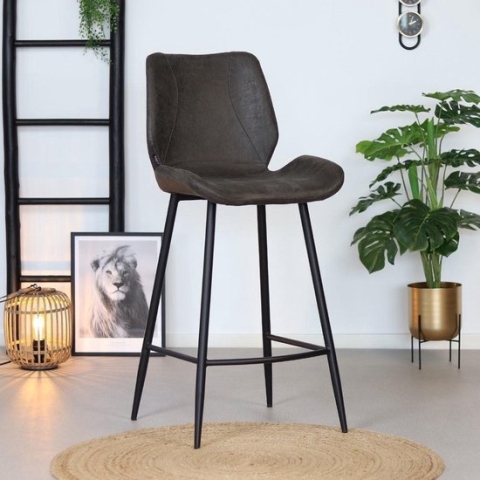 Bronx71® Barkruk industrieel eco leer antraciet Barrel - Barstoel zithoogte: 69cm - Barkruk met rugleuning - Barkruk grijs