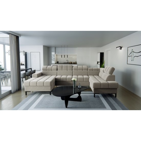 Hoekbank Pablo U vormig wooneiland Matt velvet Beige - hoeksalon met bedfunctie en dubbele opbergruimte - Zetelsenbedden luxe Zitbanken en Boxsprings