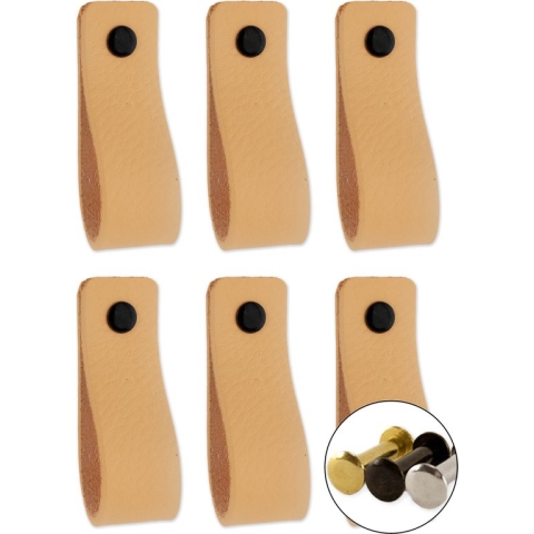 Leren handgrepen - Naturel - 6 stuks - 16,5 x 2,5 cm - incl. 3 kleuren schroeven - handgrepen kast leer - meubelgrepen - handvaten kast - leren lus