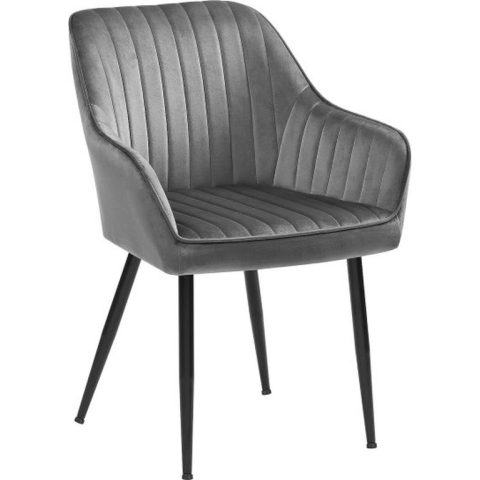 Eetkamerstoel, fauteuil, loungestoel, met armleuning, fluwelen bekleding, zitbreedte 49 cm, belastbaar tot 110 kg, metalen poten, voor eetkamer, keuken, lichtgrijs en zwart