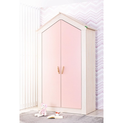 Cento Pink 2-deurs kledingkast roze huisje meisjeskamer - schappen - hanggedeelte - LED verlichting