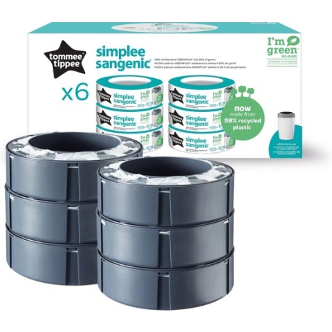 Tommee Tippee Simplee Sangenic-navullingen voor luieremmers, duurzaam geproduceerde antibacteriële GREENFILM, verpakking van 6 stuks
