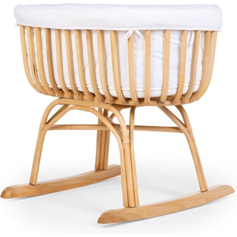 Rattan Wieg - 90x70x71 Cm + Matras - 77x42x4 Cm - Jersey Hoes Ecru - Schommelpoten