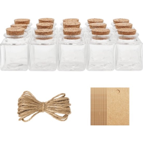 Belle Vous 15 Pak Glazen Geschenk Potten Set met Kurken Doppen, Labels en Touw – 50 ml – Mini Vierkante Mason Luchtdichte Opslag Flessen en Labels voor Huwelijkgeschenk, Feest, Keuken Spijzen en Jam