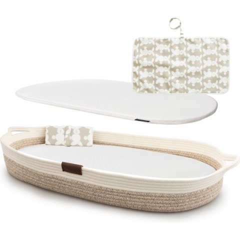Yunioo aankleedkussen│XL baby verschoonmand 80cm│Mozesmand incl. hoogwaardig matras met waterafstotende hoes en gratis reismatje│Extra stevig katoen│Ontworpen in NL│Steun een goed doel│Baby changing basket babykamer│Wit-Beige
