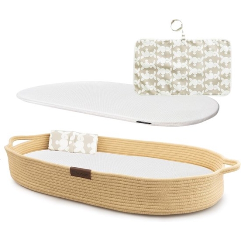 Yunioo aankleedkussen│XL baby verschoonmand 80cm│Mozesmand incl. hoogwaardig matras met waterafstotende hoes en gratis reismatje│Extra stevig katoen│Ontworpen in NL│Steun een goed doel│Baby changing basket babykamer│Creme
