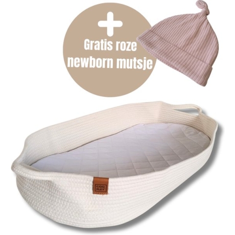 Coopley - Verschoonmand - Mozesmand - Aankleedkussen - Verschoonkussen - Natural White - Gratis Roze Newborn Mutsje