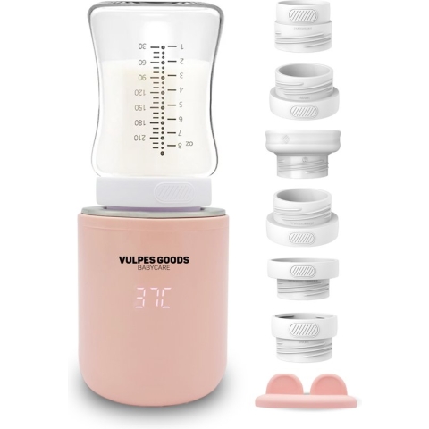 Vulpes Goods® BabyCare - Flessenwarmer Pro - Draagbare Baby Flessenwarmer voor Onderweg - Intelligente Flesverwarmer - 4 Temperatuurniveaus - Draadloos - Inclusief 5 Adapters - USB Oplaadbaar - 8.800 mAh - Roze